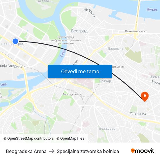 Beogradska Arena to Specijalna zatvorska bolnica map