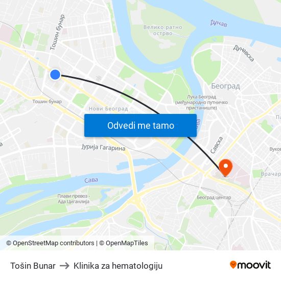 Tošin Bunar to Klinika za hematologiju map