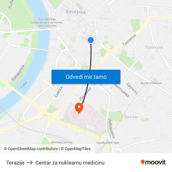 Terazije to Centar za nuklearnu medicinu map