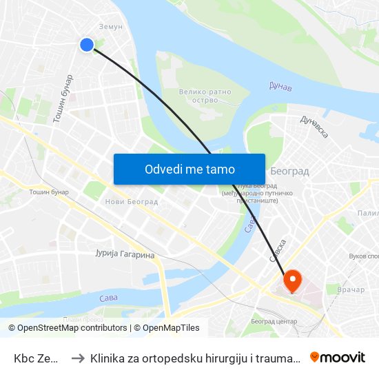 Kbc Zemun to Klinika za ortopedsku hirurgiju i traumatologiju map