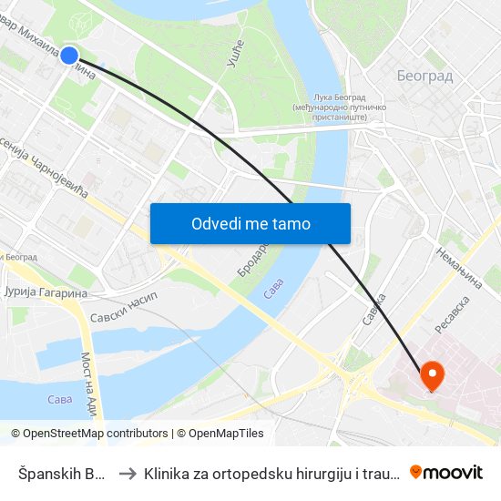 Španskih Boraca to Klinika za ortopedsku hirurgiju i traumatologiju map