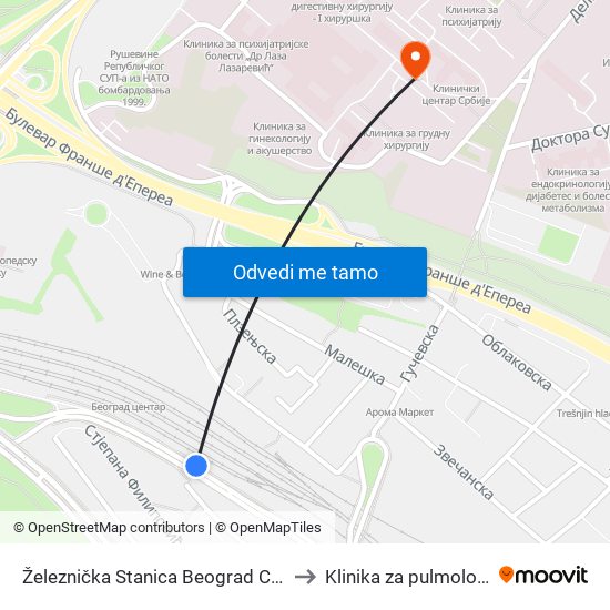 Železnička Stanica Beograd Centar to Klinika za pulmologiju map