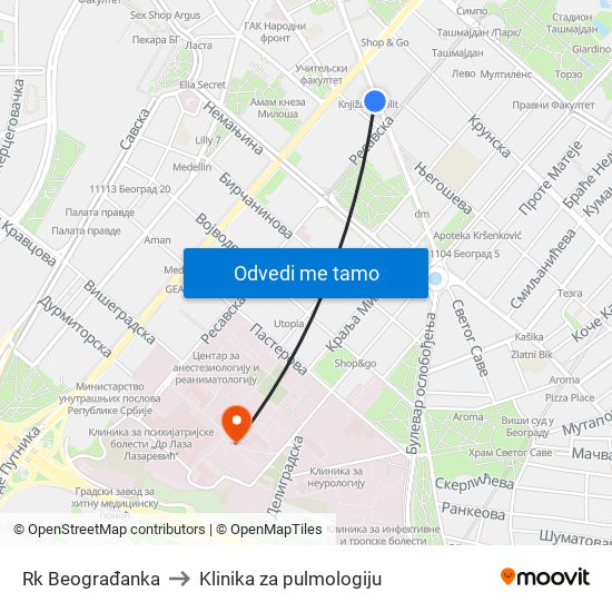 Rk Beograđanka to Klinika za pulmologiju map