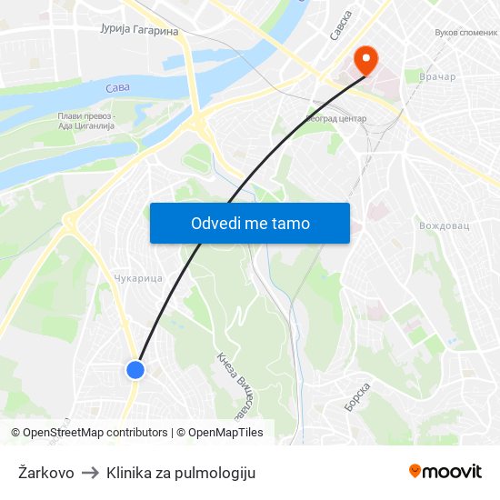 Žarkovo to Klinika za pulmologiju map