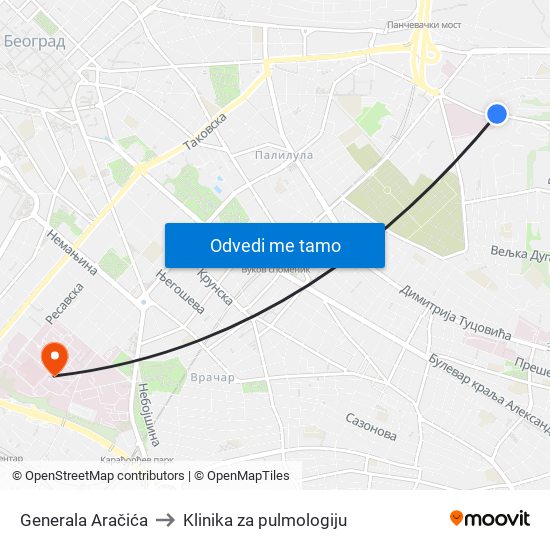 Generala Aračića to Klinika za pulmologiju map