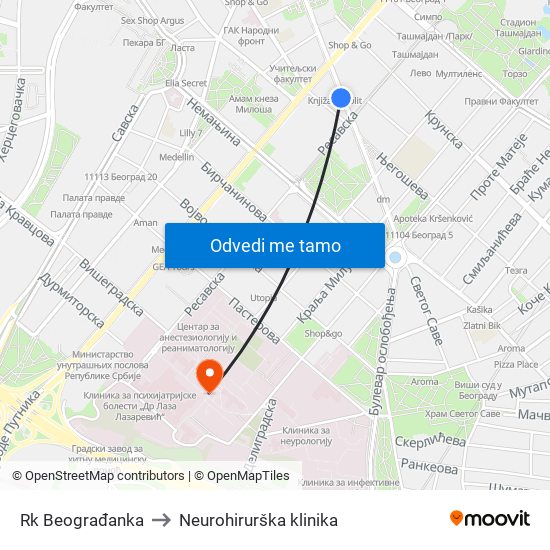 Rk Beograđanka to Neurohirurška klinika map