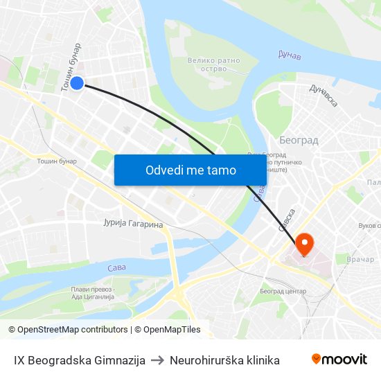 IX Beogradska Gimnazija to Neurohirurška klinika map