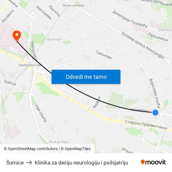 Šumice to Klinika za dečiju neurologiju i psihijatriju map