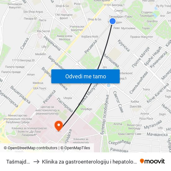 Tašmajdan to Klinika za gastroenterologiju i hepatologiju map