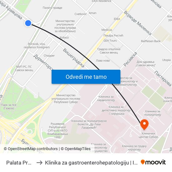 Palata Pravde 1 to Klinika za gastroenterohepatologiju | Interna A klinika map