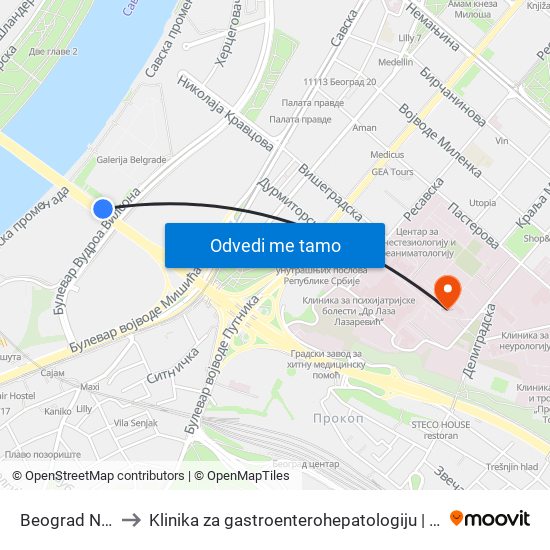 Beograd Na Vodi to Klinika za gastroenterohepatologiju | Interna A klinika map