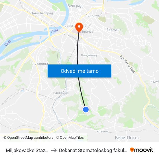 Miljakovačke Staze 2 to Dekanat Stomatološkog fakulteta map
