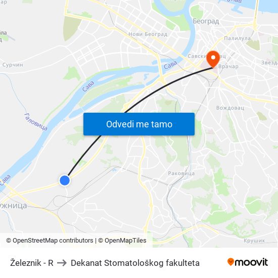 Železnik - R to Dekanat Stomatološkog fakulteta map