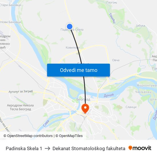 Padinska Skela 1 to Dekanat Stomatološkog fakulteta map