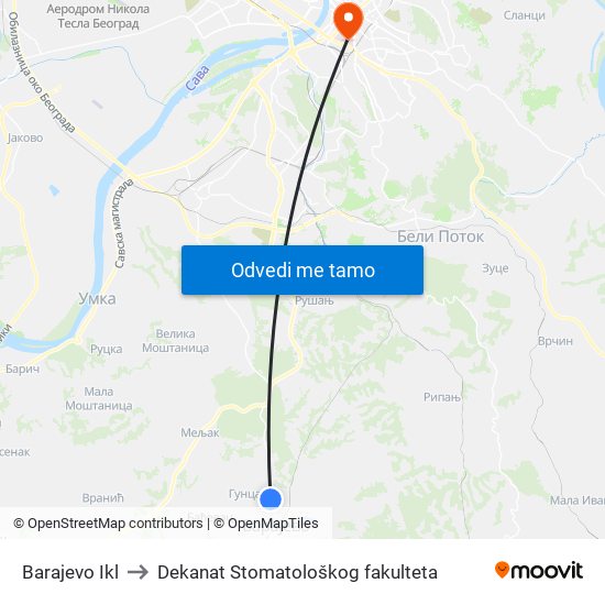 Barajevo Ikl to Dekanat Stomatološkog fakulteta map