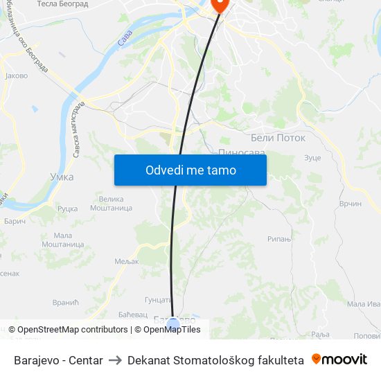 Barajevo - Centar to Dekanat Stomatološkog fakulteta map