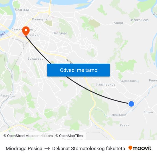 Miodraga Pešića to Dekanat Stomatološkog fakulteta map