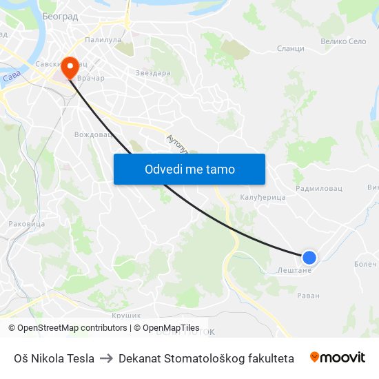 Oš Nikola Tesla to Dekanat Stomatološkog fakulteta map