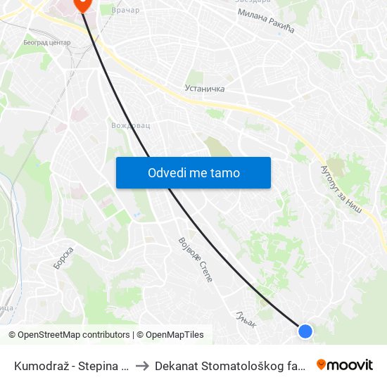 Kumodraž - Stepina Kuća to Dekanat Stomatološkog fakulteta map