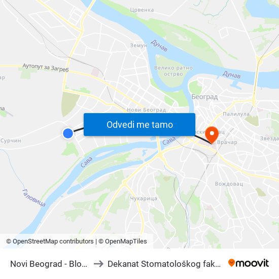 Novi Beograd - Blok 72 to Dekanat Stomatološkog fakulteta map