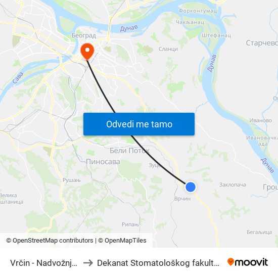 Vrčin - Nadvožnjak to Dekanat Stomatološkog fakulteta map