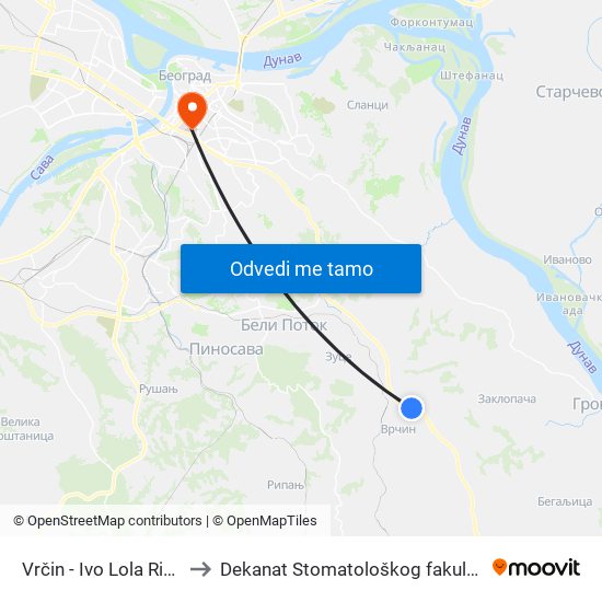 Vrčin - Ivo Lola Ribar to Dekanat Stomatološkog fakulteta map