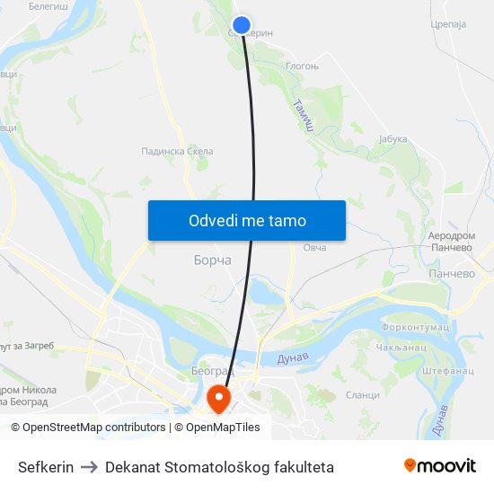 Sefkerin to Dekanat Stomatološkog fakulteta map