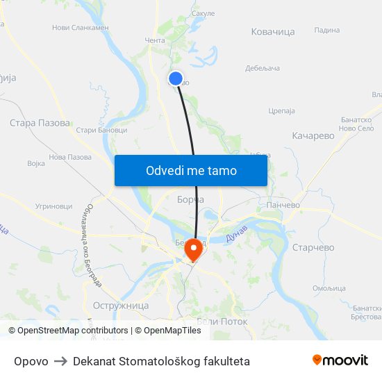 Opovo to Dekanat Stomatološkog fakulteta map