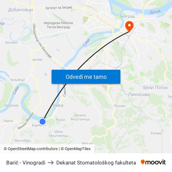 Barič - Vinogradi to Dekanat Stomatološkog fakulteta map