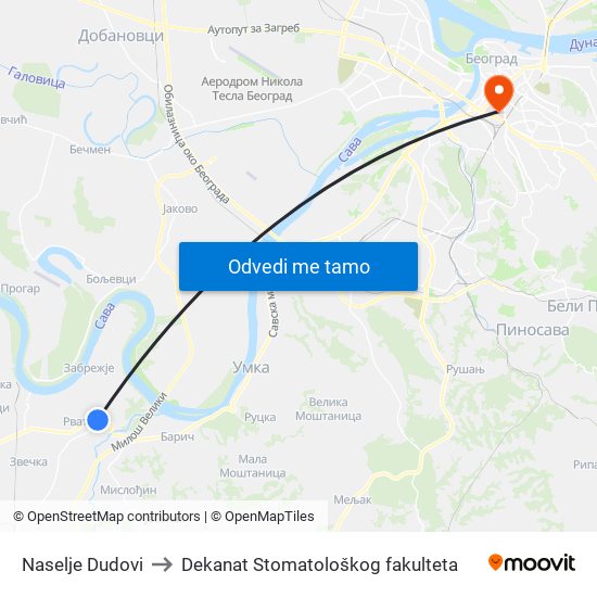 Naselje Dudovi to Dekanat Stomatološkog fakulteta map