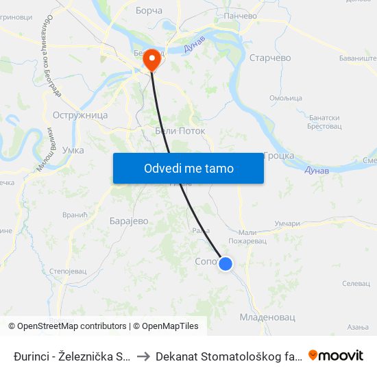 Đurinci - Železnička Stanica to Dekanat Stomatološkog fakulteta map