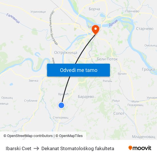 Ibarski Cvet to Dekanat Stomatološkog fakulteta map