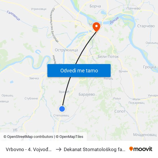 Vrbovno - 4. Vojvođanske to Dekanat Stomatološkog fakulteta map