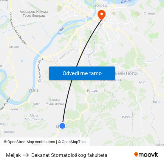 Meljak to Dekanat Stomatološkog fakulteta map