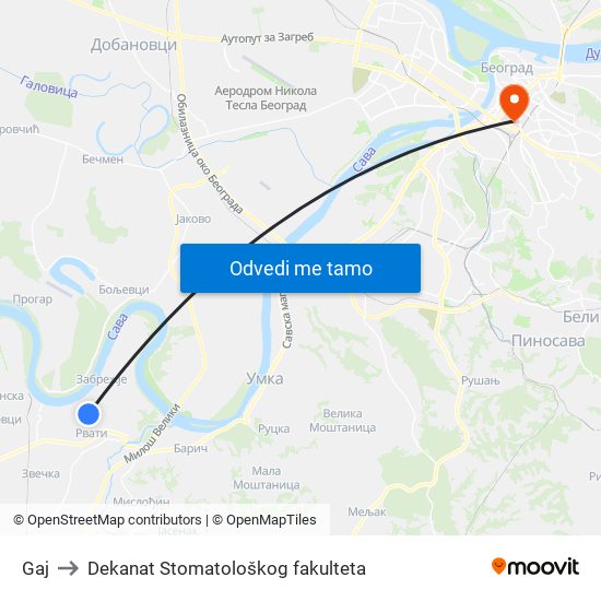 Gaj to Dekanat Stomatološkog fakulteta map