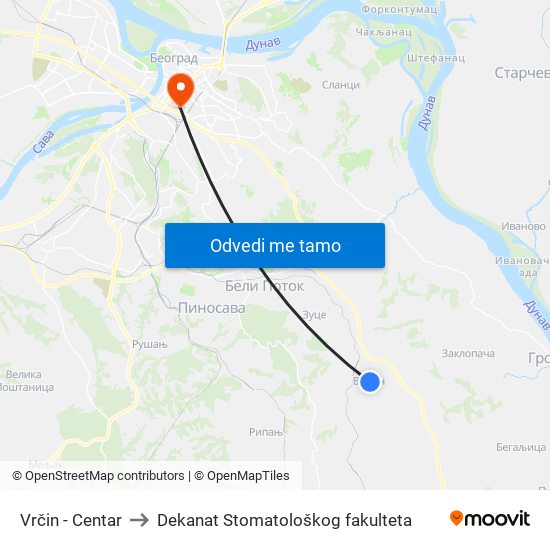 Vrčin - Centar to Dekanat Stomatološkog fakulteta map