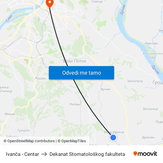 Ivanča - Centar to Dekanat Stomatološkog fakulteta map