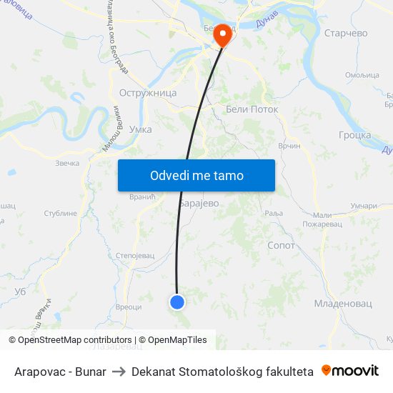 Arapovac - Bunar to Dekanat Stomatološkog fakulteta map