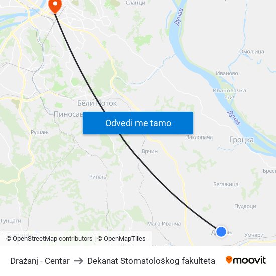 Dražanj - Centar to Dekanat Stomatološkog fakulteta map