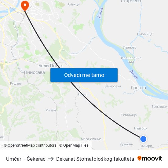 Umčari - Čekerac to Dekanat Stomatološkog fakulteta map