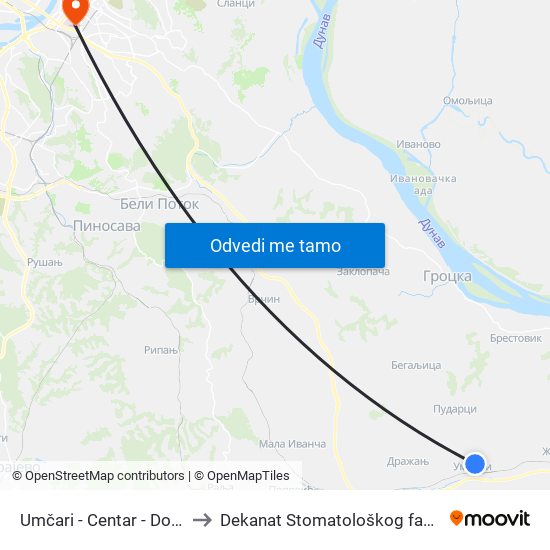 Umčari - Centar - Dolazna to Dekanat Stomatološkog fakulteta map