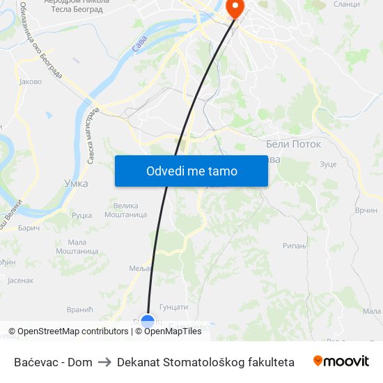 Baćevac - Dom to Dekanat Stomatološkog fakulteta map