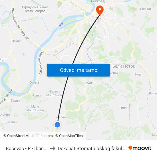 Baćevac - R - Ibarska to Dekanat Stomatološkog fakulteta map