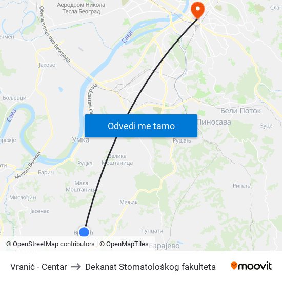 Vranić - Centar to Dekanat Stomatološkog fakulteta map