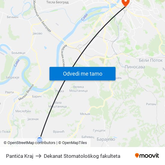 Pantića Kraj to Dekanat Stomatološkog fakulteta map