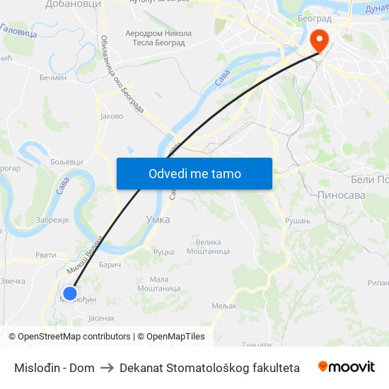 Mislođin - Dom to Dekanat Stomatološkog fakulteta map