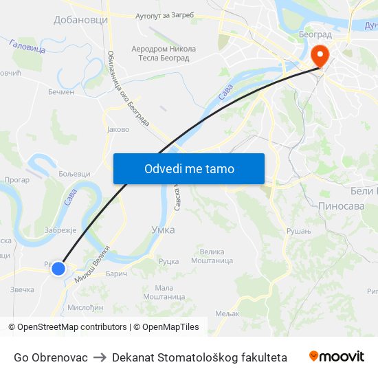 Go Obrenovac to Dekanat Stomatološkog fakulteta map