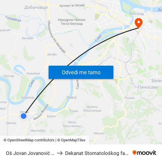 Oš Jovan Jovanović Zmaj to Dekanat Stomatološkog fakulteta map