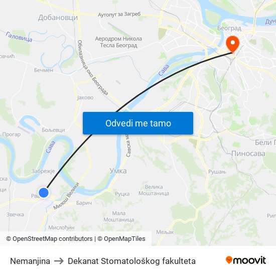 Nemanjina to Dekanat Stomatološkog fakulteta map