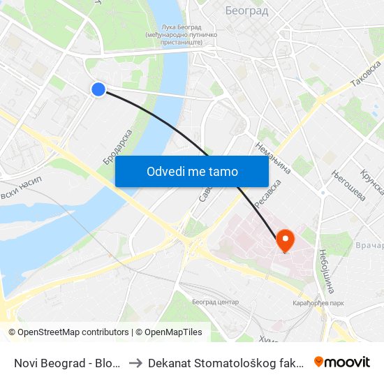 Novi Beograd - Blok 20 to Dekanat Stomatološkog fakulteta map